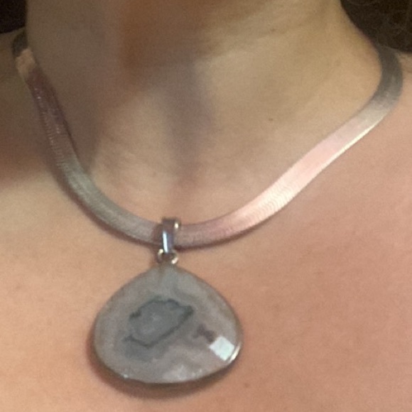 Thick 925 Italy Herringbone 16”Sterling+Heavy Cut Stone Pendant 2”